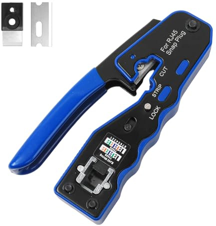 DOETYD Pinza crimpatrice RJ45 con design passante, versatile strumento di crimpatura rj45 e strumento di crimpatura ethernet, compatibile con cavi Cat5 Cat6 Cat7 e connettori passa-through rj45 (blu)