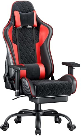 seenda GCPro-10 Gaming- & Bürostuhl Ergonomisch, 145° stufenlos verstellbar mit Fußstütze, Vollmetall-Rahmen bis 150 kg, 2D-Armlehnen, Kopf- & Lendenkissen, Schwarz & Grau (Schwarz + Rot)