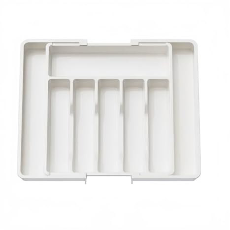 SuperAuriga Erweiterbarer Schubladen-Organizer, verstellbarer Besteckkasten, Aufbewahrungsbox (33–56,9 cm) mit 8 Fächern (Weiß)