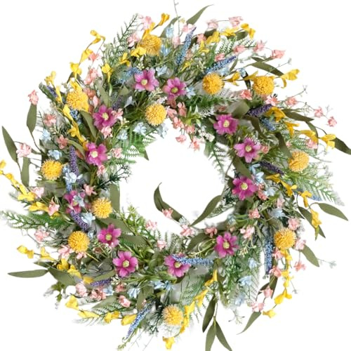 CIR OASES 22 Spring Summer Wreath for Front Door - Colorful Wildflower Wreath with Lavender & Forsythia, Everyday Floral Wreaths for Front Door Outside, Spring Door Wreath for Indoor Home Decor