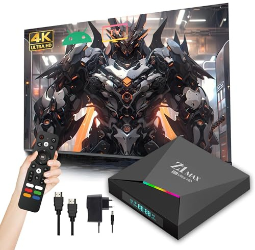 Z1 MAX Caja TV Android 10.0 2025, Smart Box 4K Ultra HD de Canales por Internet para TV con WiFi 2.4GHz + 5GHz, Quad-Core H618, USB 2.0, Mando a Voz por Bluetooth, Compacta y Potente
