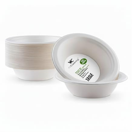 AC ALL CATERING 50 Boles Desechables de Caña de azúcar Redondos de 350 ml. Ecológicos, Biodegradables y Resistentes para Picnics, Barbacoas, Fiestas y Cumpleaños. 50 Cuencos