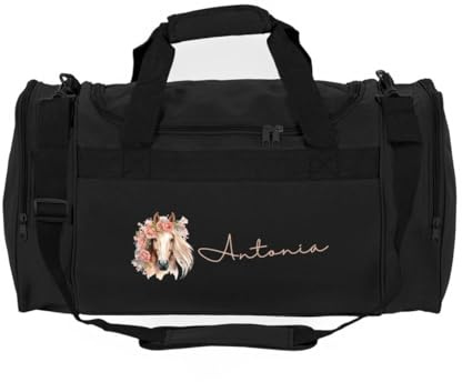minimutz Sporttasche Pferd Kinder personalisiert, Reisetasche Reittasche Mädchen groß, Kindersporttasche mit Name 26L (schwarz)