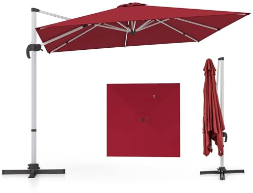 COSTWAY Sonnenschirm rechteckig 300 x 300 cm, großer Ampelschirm mit Kurbel, Gartenschirm neigbar, 360° drehbar, Terrassenschirm, Marktschirm für Garten, Terrasse, Balkon (Rot)