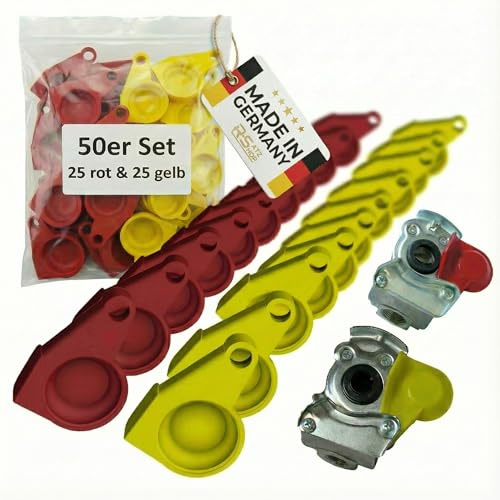 R-Satz Shop Juego de 50 tapones antipolvo para cabezal de embrague, 25 amarillas + 25 rojas, tapas protectoras para embragues de aire comprimido, camiones y remolques, accesorios de taller, duraderos
