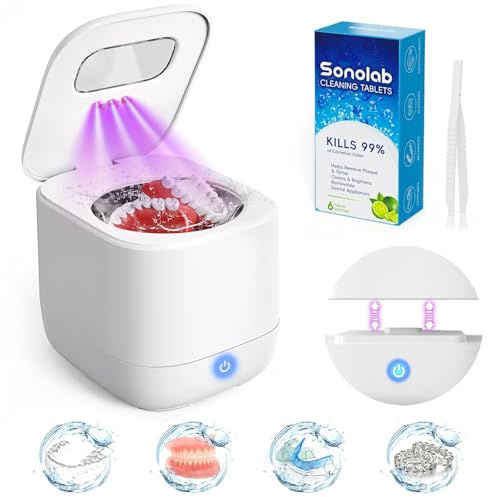 Sonolab - Limpiador ultrasónico de retención con tanque extraíble y tabletas de limpieza, cápsula de limpieza dental Sonic de 45 kHz, limpiador ultrasónico UV de gran capacidad de 240 ml para