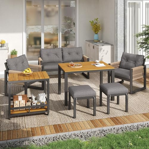 Merax Outdoor Sofa Set, Gartenlounge mit 2-Sitzer Sofa, Sessel und abnehmbarem Tisch, Eisenrahmen, geflochtene Armlehnen, inklusive Sitzkissen, Loungeset für Terrasse Balkon Garten, Grau und Natur