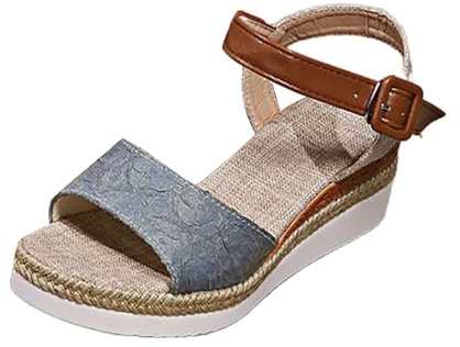 Sandaletter damer med kilklack, platåsandaler damer espadriller casual kilsandaler fritid sommarskor öppna tofflor tjock sula remsandaler utomhus strand vandring ankelsandaler, marinblå, 38 EU