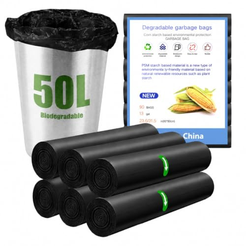 NARYVORA 90 Piezas Bolsas Basura Biodegradable 50L, 6 Rollen 60x80cm Bolsa Basura, 13 Gal Prueba de Fugas Bolsas de Basura para Sala de Estar, Cocina, Baño, Oficina, Negro