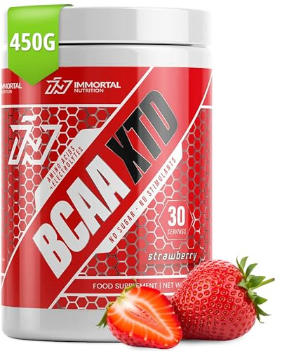 IMMORTAL NUTRITION BCAA XTD Pulver 450 g - Aminosäuren mit L-Leucin, L-Isoleucin, L-Valin, Glutamin, Citrullin Malat & Elektrolyten - 30 Portionen - Erdbeere Geschmack