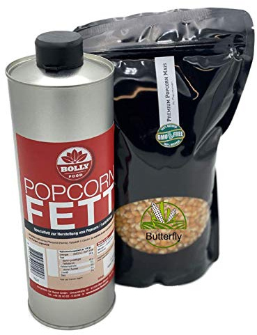 Popcornset Butterfly Popcorn Fett Popcorn Öl 1 Liter Halbflüssig mit Beta Carotin Plus 1 Kg Premium Kinopopcorn