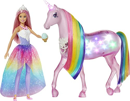 Barbie Dreamptopia Muñeca con Pelo Rosa y su Unicornio Luces mágicas (Mattel FXT26)