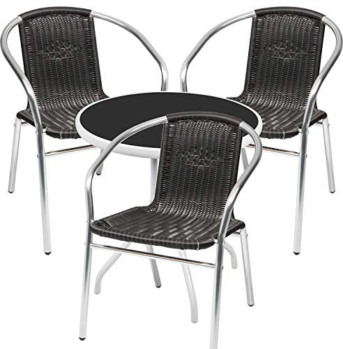 Mojawo® Bistrogarnitur 4-teilig Bistrotisch Metall/Glas weiß Bistroset rund Ø60cm + 3 Stapelstühle Aluminium/Rattan Schwarz