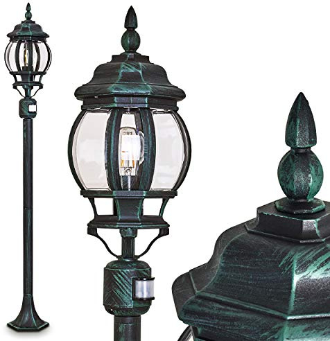 HOFSTEIN Außenstehleuchte Lentua mit Bewegungsmelder, Außenwegeleuchte aus Metall/Kunststoff in Schwarz/Grün/Klar, Wegeleuchte im Antik/Vintage-Design für Garten, Außenbereich, Hof, 130 cm, E27, IP44