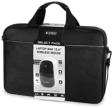 SUBBLIM Laptop Briefcase with Wireless Mouse, 15.6 Inches, with Trolley Strap, Front Pocket, Adjustable Shoulder Strap, Mouse with 3 Buttons, 1200 DPI, Black
