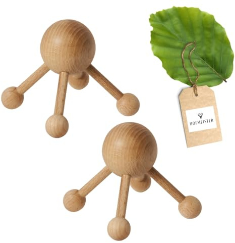 2X HOFMEISTER® Massagespinne Holz – Massagegerät aus Buche mit 4 Beinen für Nacken, Schultern und Kopfhaut, ohne Strom, 8,8 x 11,9 x 11,9 cm, Handarbeit
