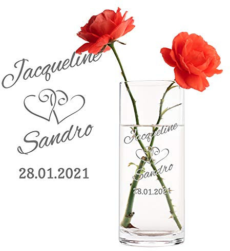 Casa Vivente Runde Blumenvase mit Gravur zur Hochzeit, Motiv Herzen, Personalisiert mit Namen und Datum, Hochzeitsgeschenke für Brautpaar