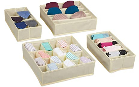 Relaxdays Unterwäsche Organizer, beige | 4 tlg. Schubladen Ordnungssystem Kleiderschrank, für Socken, BHs, Unterhosen