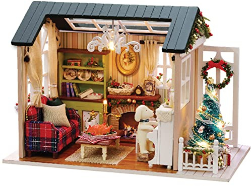 Irfora Dockhus i Trä, Jul DIY Miniatyr Dollhouse Kit Mini 3D Trähus Hantverk med LED-lampor Möbler Födelsedagspresent Juldekoration