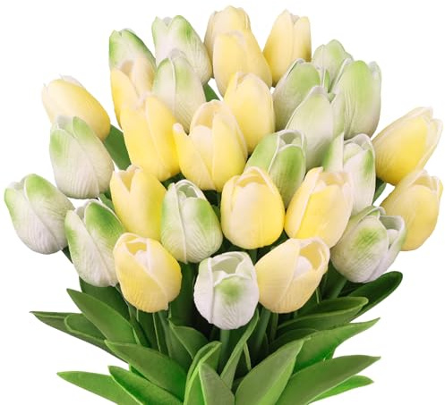N&T NIETING Künstliche Tulpens, 12 Stück Realistischem Touch Tulpen Blumen, Gefälschte Blumen Tulpen Blumensträuße für Hochzeitsstrauß Party Valentinstag Geburtstag Muttertag Home Deko, Gelb und Grün