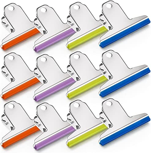 ipow 12 Stück Metall Clips Tüten Verschlussclips Brief Klammern aus rostfreiem Edelstahl, mit Silikonstreifen, Starke Federkraft