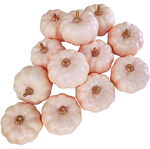 Winlyn 12 Pcs Blush Pink Small Artificial Pumpkins Decorative Pumpkins Pink Foam Pumpkins 3 Wide for Fall Wedding Baby Shower Thanksgiving Halloween Table Centerpiece Season Mantel Bowl Décor