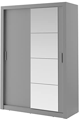 MINIO go for it - Schwebetürenschrank ERTA 4 150 cm Schrank mit Spiegel | zweitürig kleiderchrank, Kleiderstange und Einlegeboden, Schlafzimmer Möbel, Farbe: Grau matt