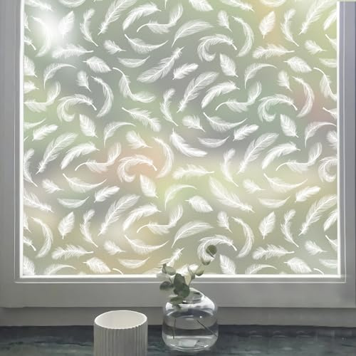 dktie Fensterfolie Blickdicht Fenster Sichtschutzfolie Milchglasfolie Federmuster Statische Aufkleber ohne Klebstoff Wiederverwendbar Geeignet für Wohnzimmer, Schlafzimmer, Küche 44.5x200cm (01)