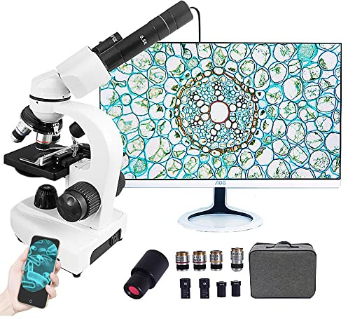 Biologisches HD-Mikroskop (12000X/18000X/30000X) + Elektronisches Okular + Telefonadapter + Tragetasche, professionelles binokulares Mikroskop-Set für Studenten, Erwachsene, Lehrlabor,12000X