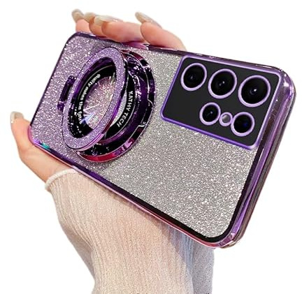 IMEIKONST Glitter Case for Samsung Galaxy S24 Ultra, Electroplate Flash Shell for Girls Women Ring Stand Function Camera Protector Shockproof Transparent TPU Cover for Samsung S24 Ultra. Purple DS1