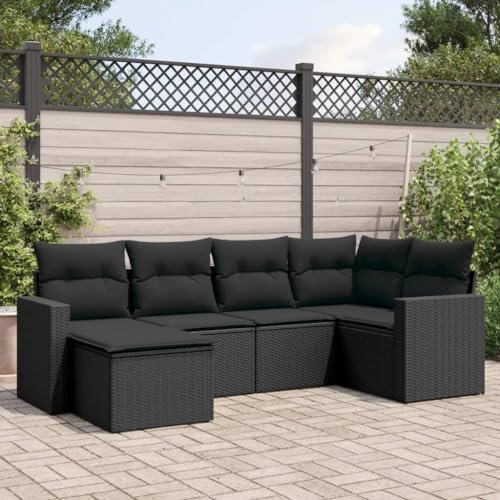 ULUYYUC 6-TLG. Garten-Sofagarnitur, Gartenbank Schlafsofa Küchensofa Eckbank Küche Geeignet für Außenbereich Balkon Hinterhof Garten mit Kissen Schwarz Poly Rattan