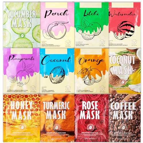 Pack of 12 Face Sheet Masks, Face Masks Skincare, Face Masks Beauty, Sheet Face Mask, Skincare Hydrating & Nourishing Sheet Masks, Beauty Multipack Face Mask Set for Women, Girls, Moisturize, Hydrate