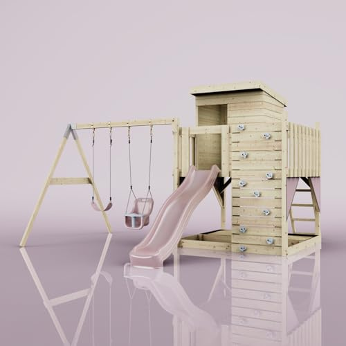 PolarPlay Spielturm Björn aus Holz in Rosa Babyschaukel