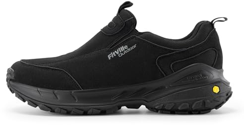 FitVille Men's Extra Wide Hiking Shoes,Slip On Trainers Outdoor Trekking Walking Shoes for Swollen Feet Jet Black 11.5 UK X-Wide