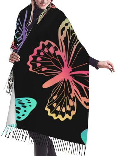 IUBBKI Schwarzer Kaschmir-Fransenschal mit Regenbogen-Schmetterling. Seidenschals für Herbst und Winter sind besonders weich und bequem.