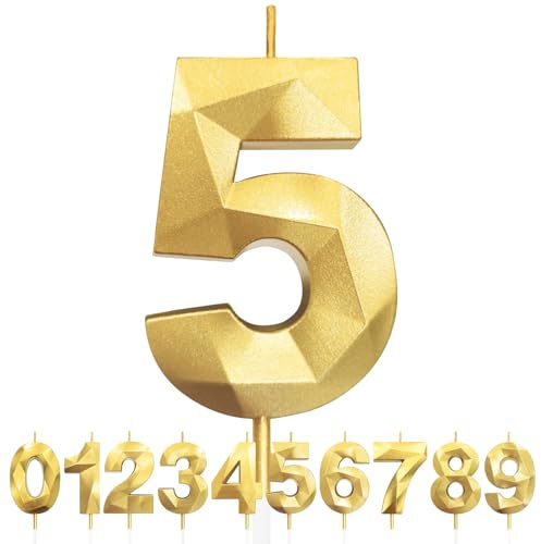 Kerzen zum 5. Geburtstag, Zahl 5, goldene Geburtstagskerzen für Kuchen, Diamant-3D-Happy Birthday-Kerzen, Kuchenkerzen-Dekorationen für Geburtstagsparty, Hochzeitstag, Feier-Zubehör