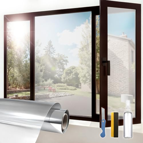 ADD.HERES Window Privacy Film One Way Daytime Privacy Static Cling, Mirror Vinyl Roll Heat Control Anti UV Window Tint for Home and Office,Non-Adhesive Window Film,Silver, 29.5 x 78.7