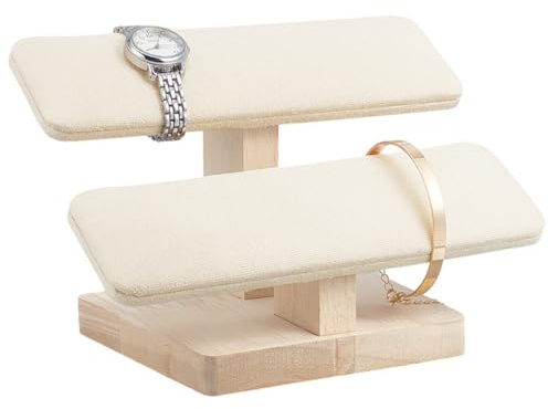 NBEADS Wood Watch Display Stand, 2 Tiers Velvet Bracelet Display Stands with Wooden Base Rectangle Bracelet Organizer Holder Watch Display Tower for Home Retail Display, Beige, 19.7x12.4x13.2cm