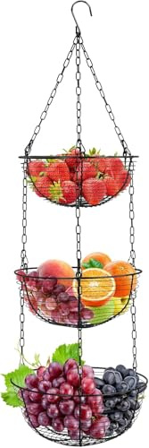 Wylnsie Eiserner 3-stufiger Hänge Obstkorb mit Haken, Abnehmbarer Küchenorganizer für Obst, Gemüse, Brot, Platzsparende Hängeablage für Zuhause, Vorratsraum oder Garten