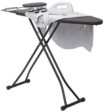 Tabla de Planchar Plegable Negra con Soporte Integrado para Plancha de Vapor Resistente al Calor y Superficie de Planchado de Altura Ajustable (42'' x 13'')