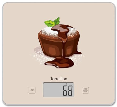 TERRAILLON - T1040 FONDANT CHOCOLAT - Balance de cuisine électronique, Plateau verre, Capacité 3 kg, Graduation 1g, Tare, Conversions Liquides, Ultra-Fine et compacte - Ecran LCD - Fondant Chocolat