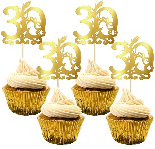 Gyufise 24Pcs Happy 30th Birthday Cupcake Toppers 30 Cake Topper Cheers to 30 Cake Decoration for 30th Birthday Anniversary Party Decoration Supplies Gold