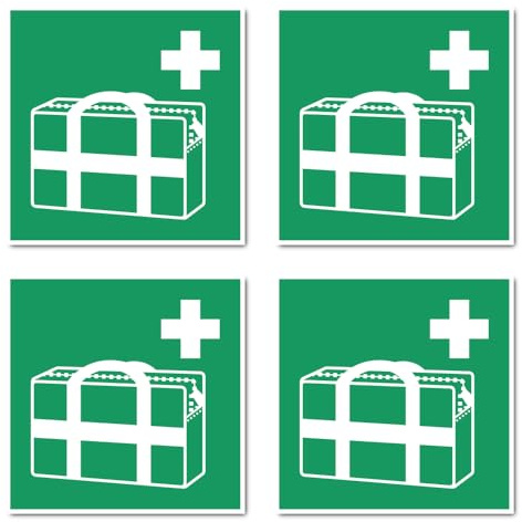 Aufkleber: 100x100 mm, 4 Stück - Medizinischer Notfallkoffer - Rettungszeichen - E027 - grün/weiß - DIN EN ISO 7010 / ASR A1.3