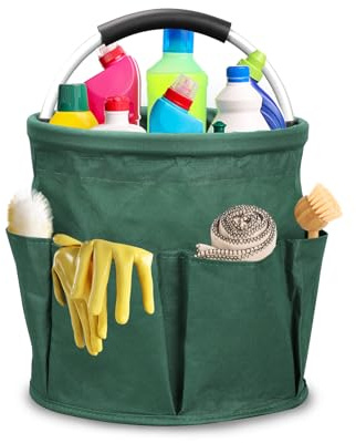 Ruaizel Bucket Tool Organizer Bag, Multi Pocket Bucket Organiser, Foldable Cleaning Caddy with Handle for Home, Garden (Dark green)
