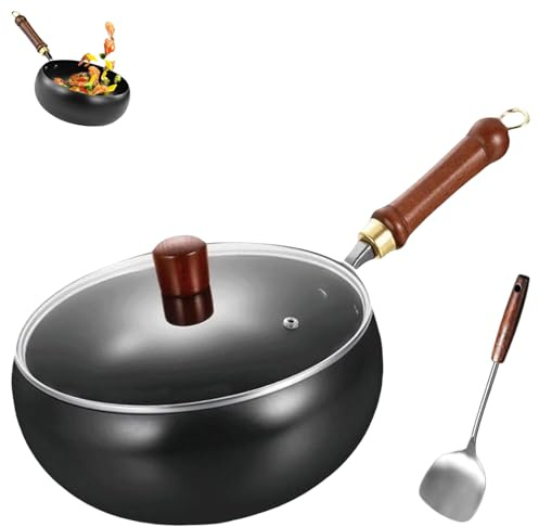Suntuup - Sartén japonesa de hierro sin revestimiento, sartén de hierro japonesa Suntuup de 9.45 pulgadas, sartén antiadherente forjada a mano, sin tapa, para cocina de gas, con tapa (tapa de cristal)