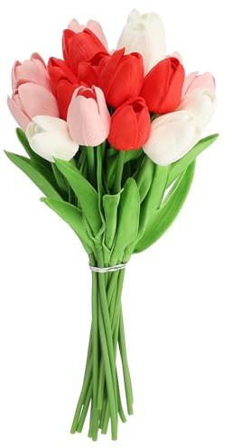 sourcing map 20 tulipani artificiali, fiori finti di seta, realistici al tatto, per bouquet da sposa, centrotavola, decorazione per feste (rosso scuro, rosa caramella, bianco puro)