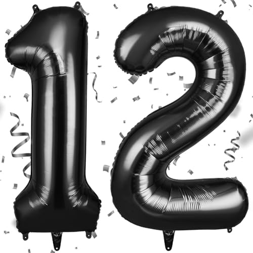 OFFCUP Luftballon Zahlen 12, Schwarz 12 Geburtstag Zahlen Ballon | 101cm Groß Folienballon 40 Zoll Helium Ballons zum Mädchen Junge Geburtstag Party Deko Abschluss Jubiläums（12, Schwarz）