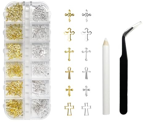 PEKLLOCY 1 scatola di ciondoli a forma di croce in oro e argento, accessori alla moda per manicure eleganti, decorazioni fai da te, stile retrò punk