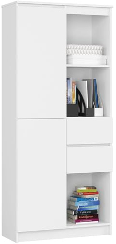 AKORD Bücherregal R15 7 Regale 2 Schubladen und Türen | für Dokumente Bücher für einen Schlafzimmerschrank Bücherregale Laminierte Platte 16 mm | Weiß