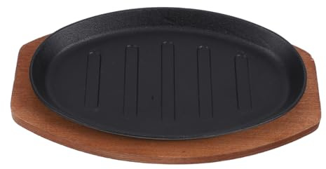 Plaque à Steak en Fonte 1 Set avec Base en Bois, Simple et Élégante | Surface Lisse et Résistante aux Salissures, Fabrication Soignée, Usage la Cuisine, Cuisson Fromage et Frites